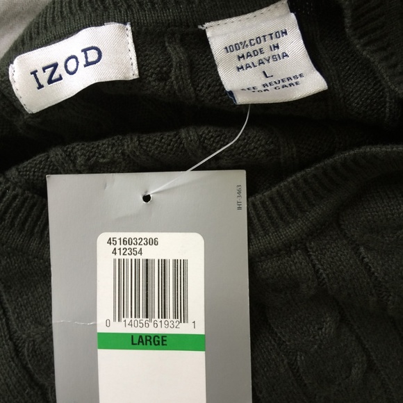 Izod Men's Cable Knit Sweater L Olive Cotton - Picture 5 of 5